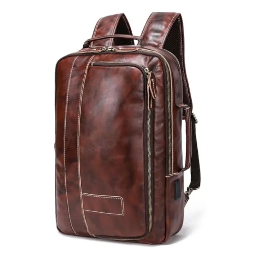 

Расширяемый мужской рюкзак из кожи растительного дубления для ноутбука 15.6 дюймов, коричневый, с прочной отделкой, для путешествий и повседневного использования