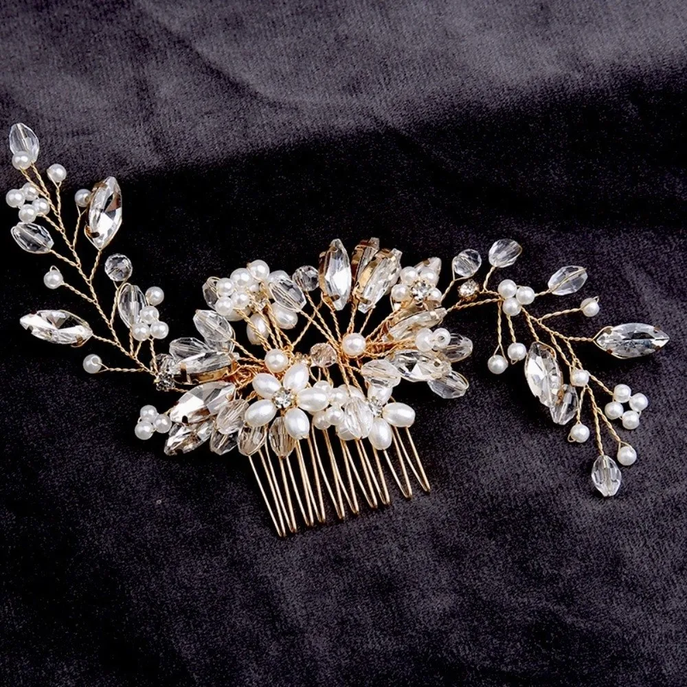 럭셔리 합금 진주 머리빗 장신구 수제 톱니형 삽입 빗 반짝이는 꽃 모양 라인석 머리핀 신부 들러리용