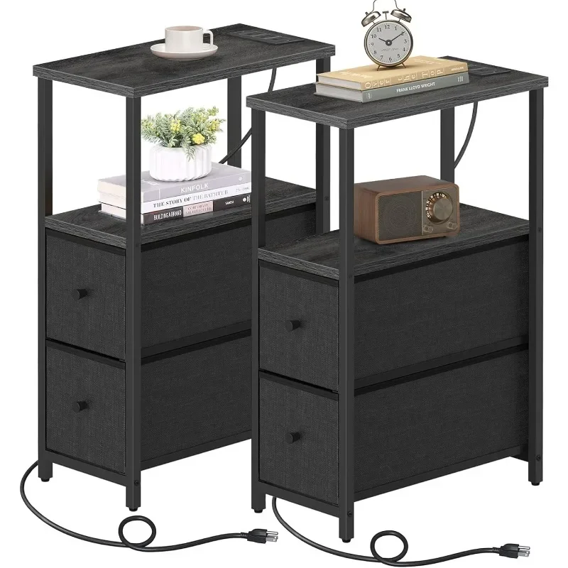 

Small Narrow-tailed Table with Charging Station, Set of 2, Side Table with Socket, Nightstand with 2 Cloth Drawers