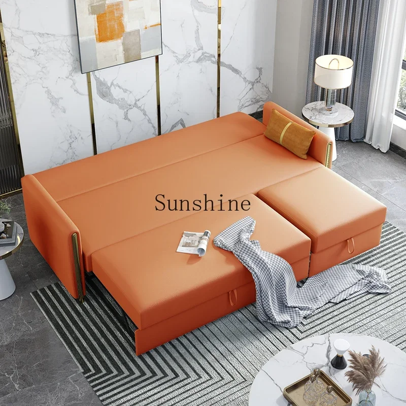 Leather sofa bed, multifunctional foldable pull-out bed, living room, double small apartment sofa