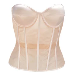 Corset Abdominal à Double Couche en Maille Transparente, Bustier Respirant avec Soutien-Gorge à Lacets, Corselet Beige