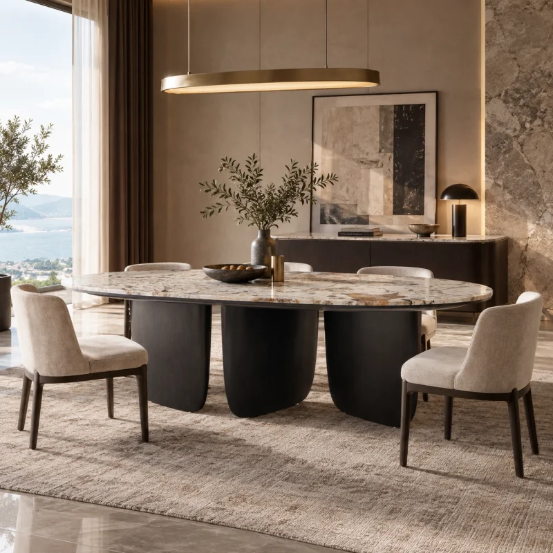 OAKEN Luxury Dining Room Oval Pandora Marble Dining Table with Dark Stained Solid Wood Base Customized for Dining Room Furniture