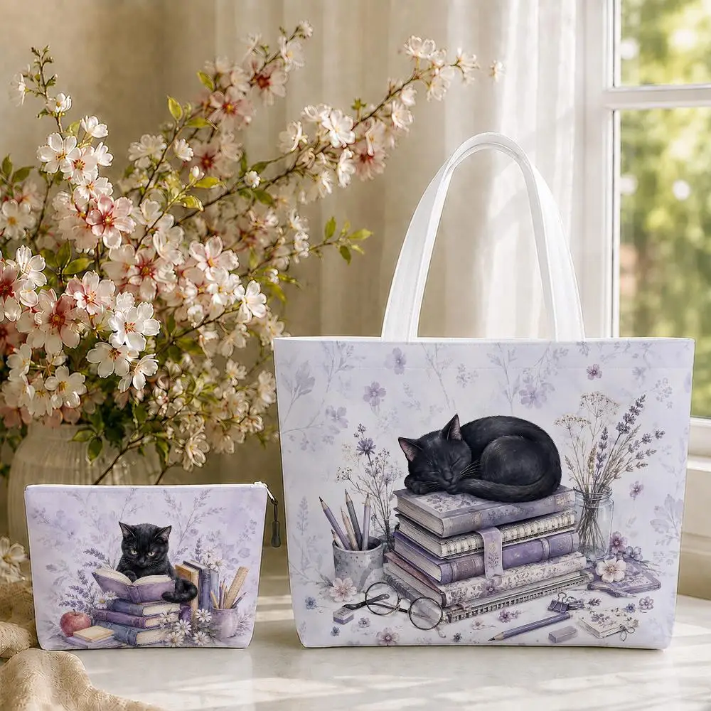 Lavender Reading Cat Storage Bags 2-Piece Zipper Canvas Set Large Capacity Reusable For Work School Shopping & Travel&Gift