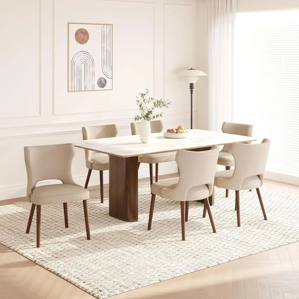 Upholstered Dining Chairs Set o 6, Kitchen Chairs with Curved Backrest | Wooden Dining Room Chairs with Rubberwood Legs, Century