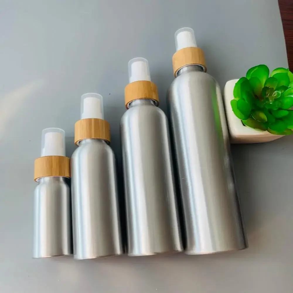 

selling high grade homehold spray bottle wholesale empty aluminum bottles with bamboo lid bamboo cosmetic packaging bottle