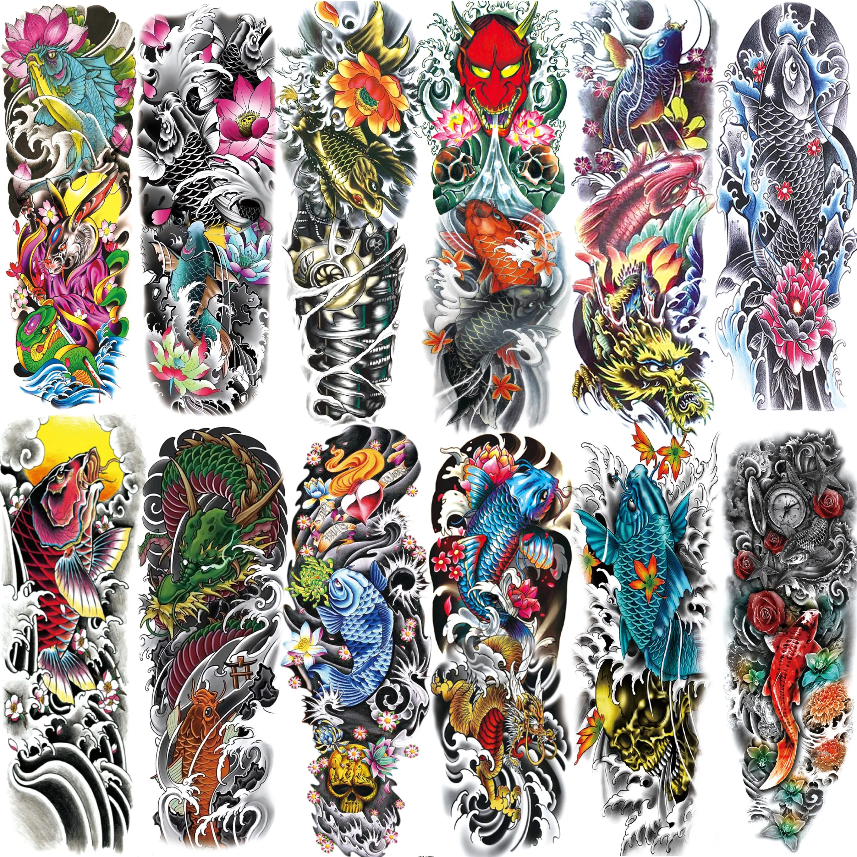 1 Sheet Koi Fish Waves Lotus Dragon Watercolor Temporary Tattoo For Women Men Adult Full Sleeve Fake Temp Tattoos Water Transfer