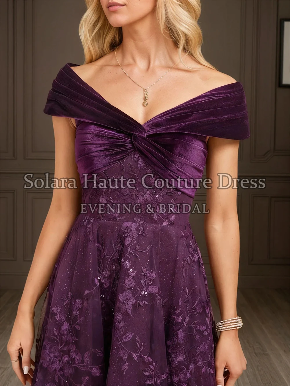Elegant Floral Sequin High Low A Line Lace Evening Gown Purple Off Shoulder Velvet Twist Bodice Wedding Guest Prom Party Dress
