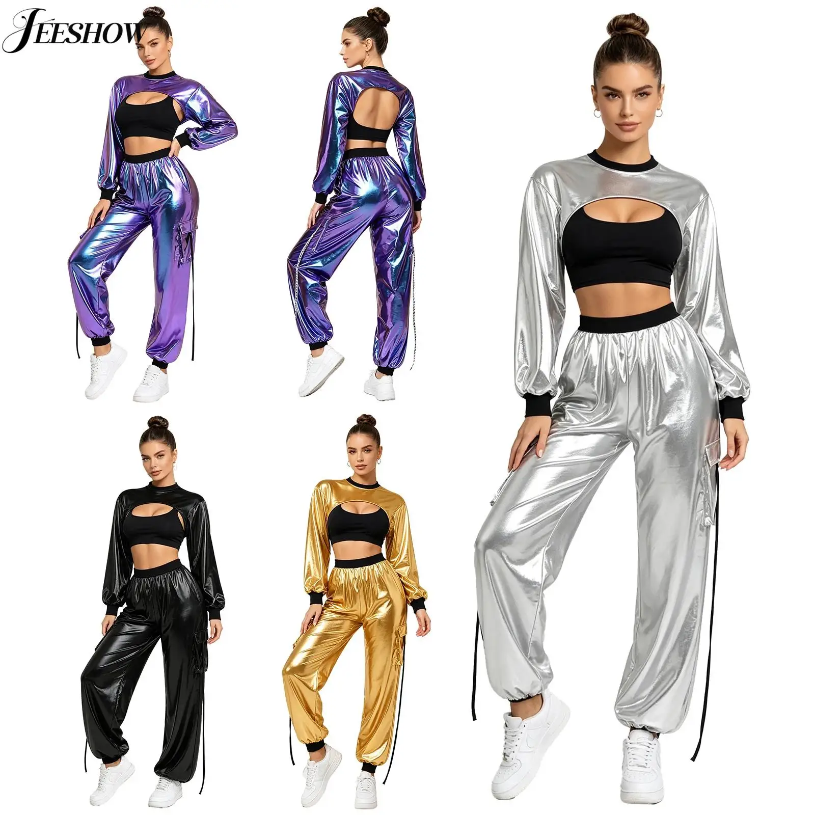 Womens Hip Hop Dance Outfits 2 Piece Jazz Street Dance Performance Costume Shiny Metallic Cropped Shrug Top with Cargo Pants