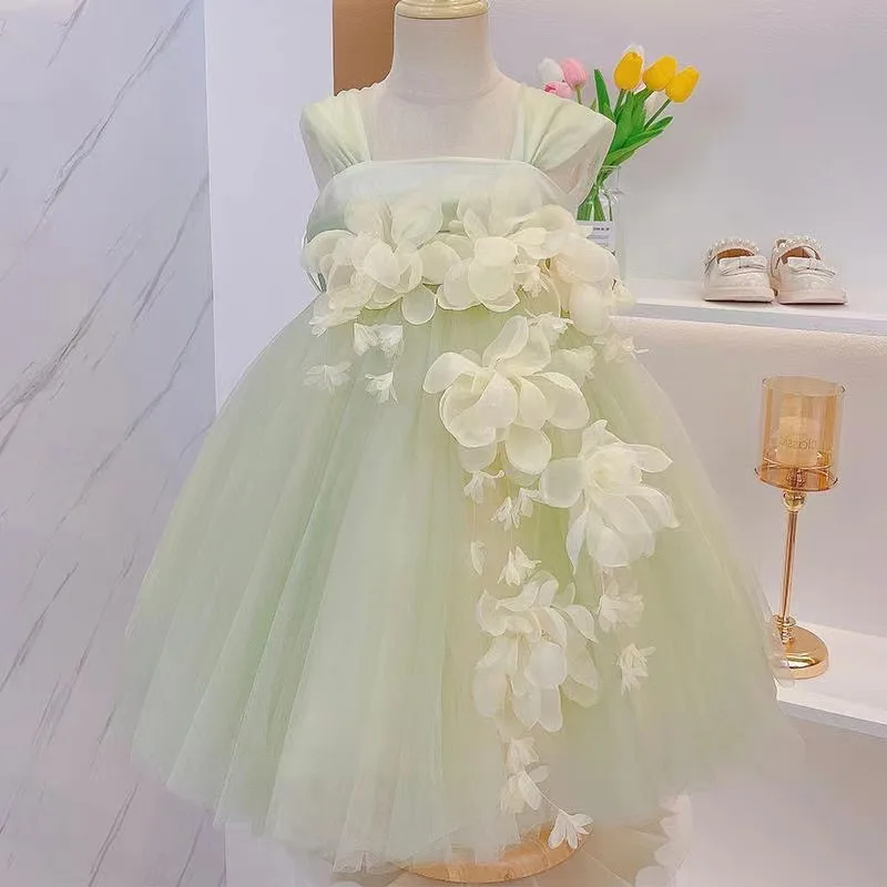 Girls Dress 2025 New Foreign Style Children's Princess Dress Summer Fluffy Gauze Dress Baby Flower Fairy
