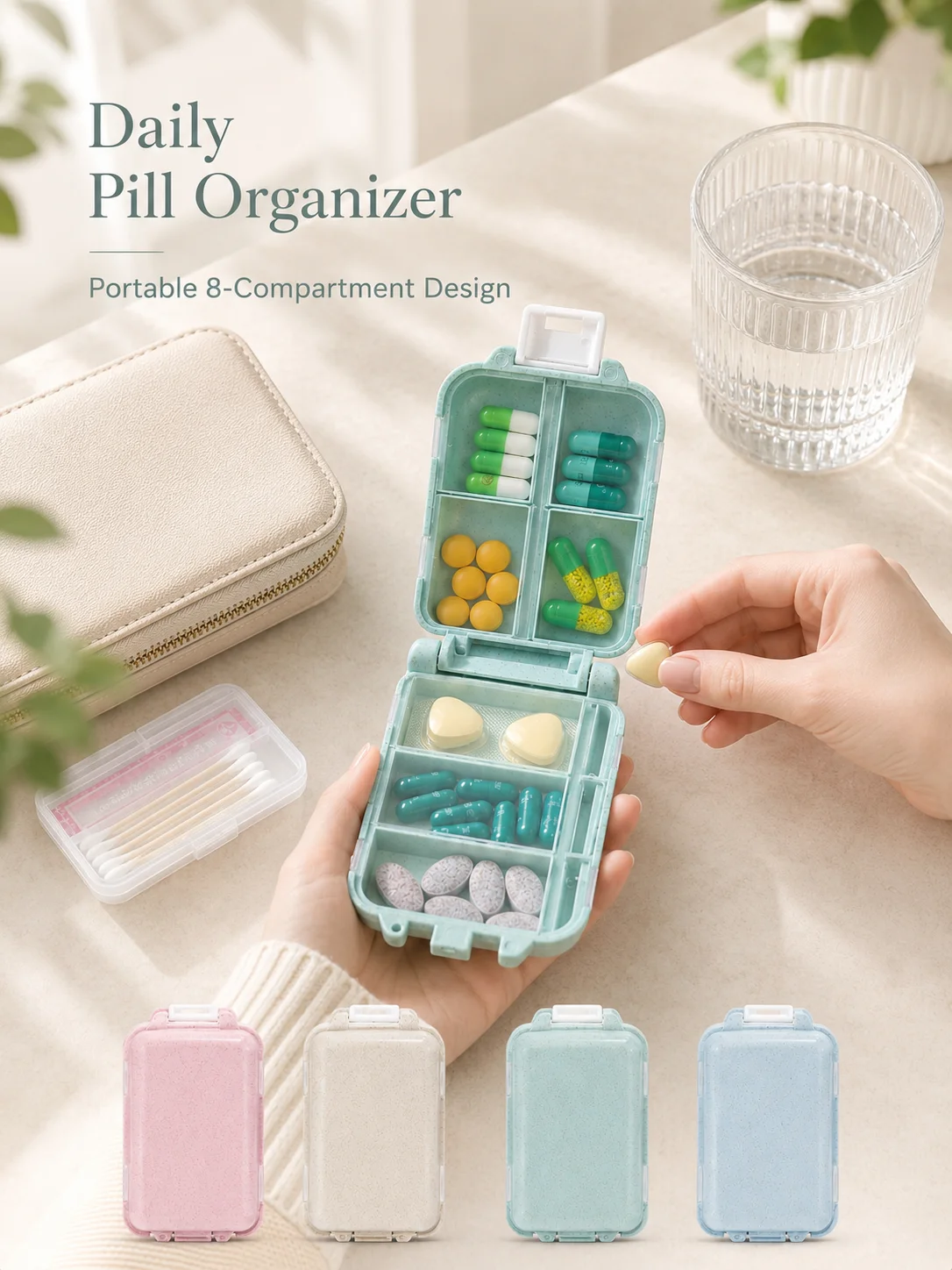 1Pc Portable 8-Compartment Pill Organizer, Foldable Travel Storage Case for Vitamins & Daily Supplements