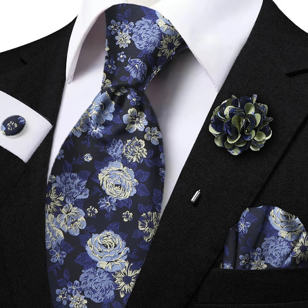 

Новый дизайн, синий комплект галстуков с цветочным принтом, включает в себя очаровательно полиэстеровую карманную квадратную классическую брошь с флорой для мужчин, аксессуар для рубашки на каждый день