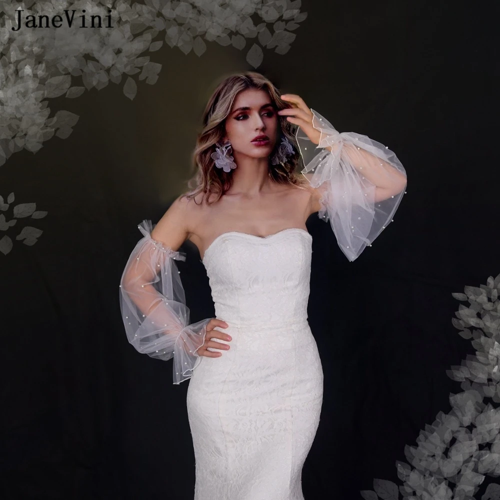 JaneVini 2023 Long Detachable Sleeves for Wedding Dresses Luxury Pearls Tulle Bridal Gloves Fingerless Wedding Party Accessories