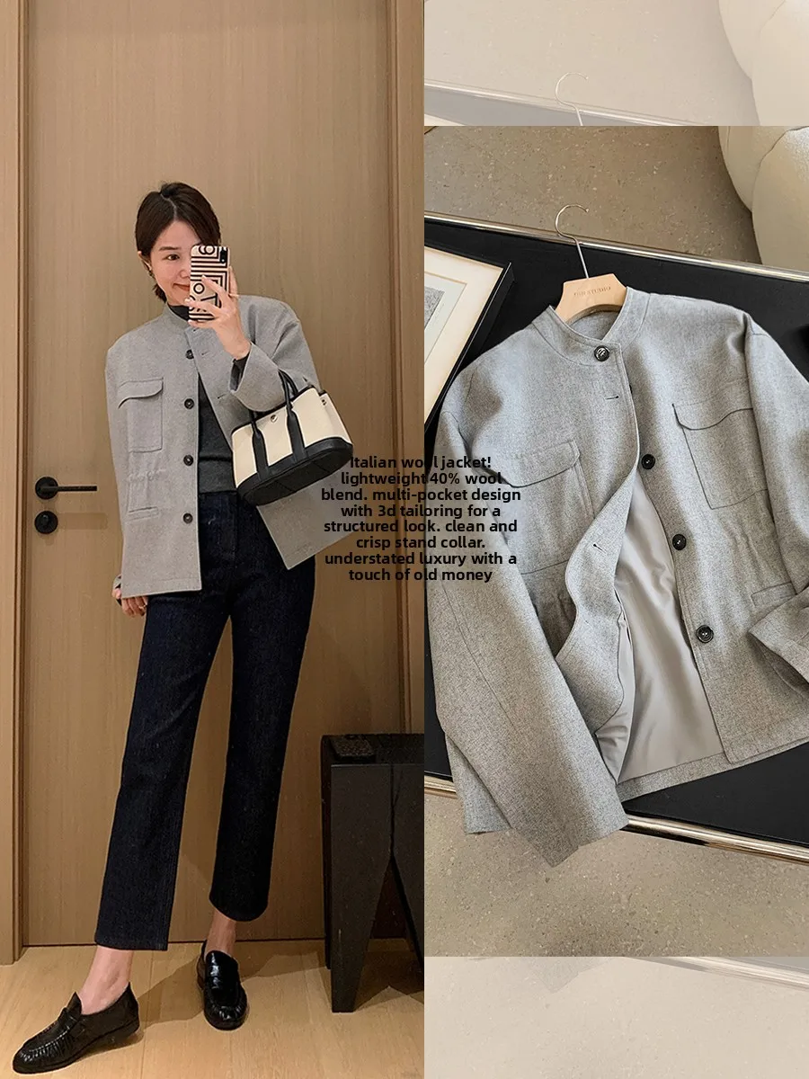 

Итальянская шерстяная куртка с воротником-стойкой, на шнуровке, с множеством карманов, приталенная, повседневная, свободного кроя, с длинными рукавами, весенняя, женская