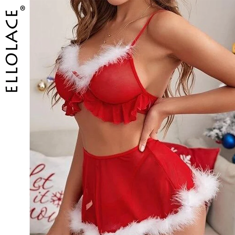 

Ellolace Christmas Sexy Lingerie Charming Festival Bra Skirt 2PC Set Cute Fluffy Decor Intimate Women's Underwear Sexy Party Kit