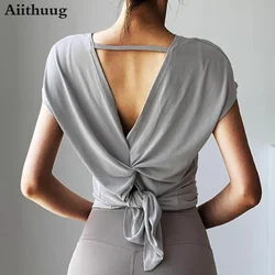 Aiithuug U Neck Cross Back Open Yoga Tops Loose Vest Short Sleeves Quick Drying Breathable Tops Workout Pilates Cover-up Shirts