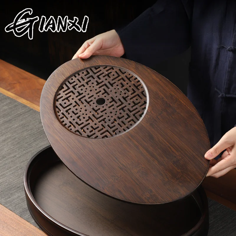 GIANXI Chinese Tea Ceremony Culture Oval Tea Tray Natural Bamboo Hollow Drainage Storage Tea Tray Home Solid Wood Storage Tray