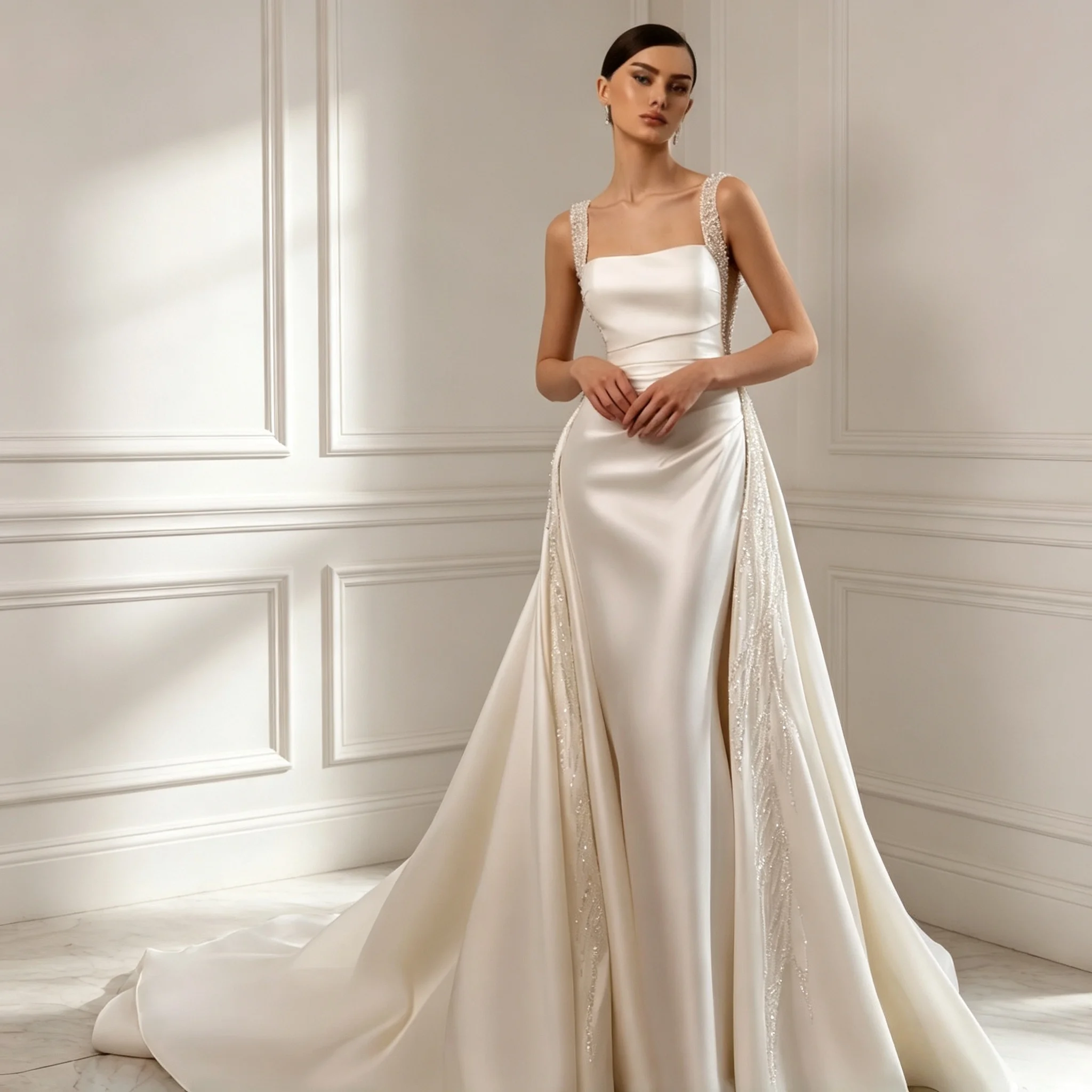 Square Neck Satin Mermaid Wedding Dress Crystal Straps Detachable Overskirt High-Waist With Cathedral Train Customizable