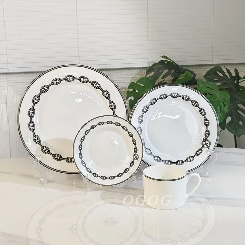 Gray Chain Pattern Bone China Steak Pastry Western Plate Tableware Popular Afternoon Tea Coffee Cup Saucer Minimalist Home Use