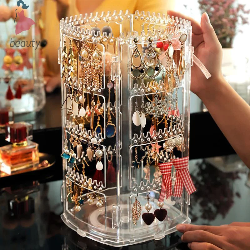 360 Degree Rotating Jewelry Storage Box Earring Display Stand Plastic Earring Organizer Holder Showcase Jewelry Makeup Case