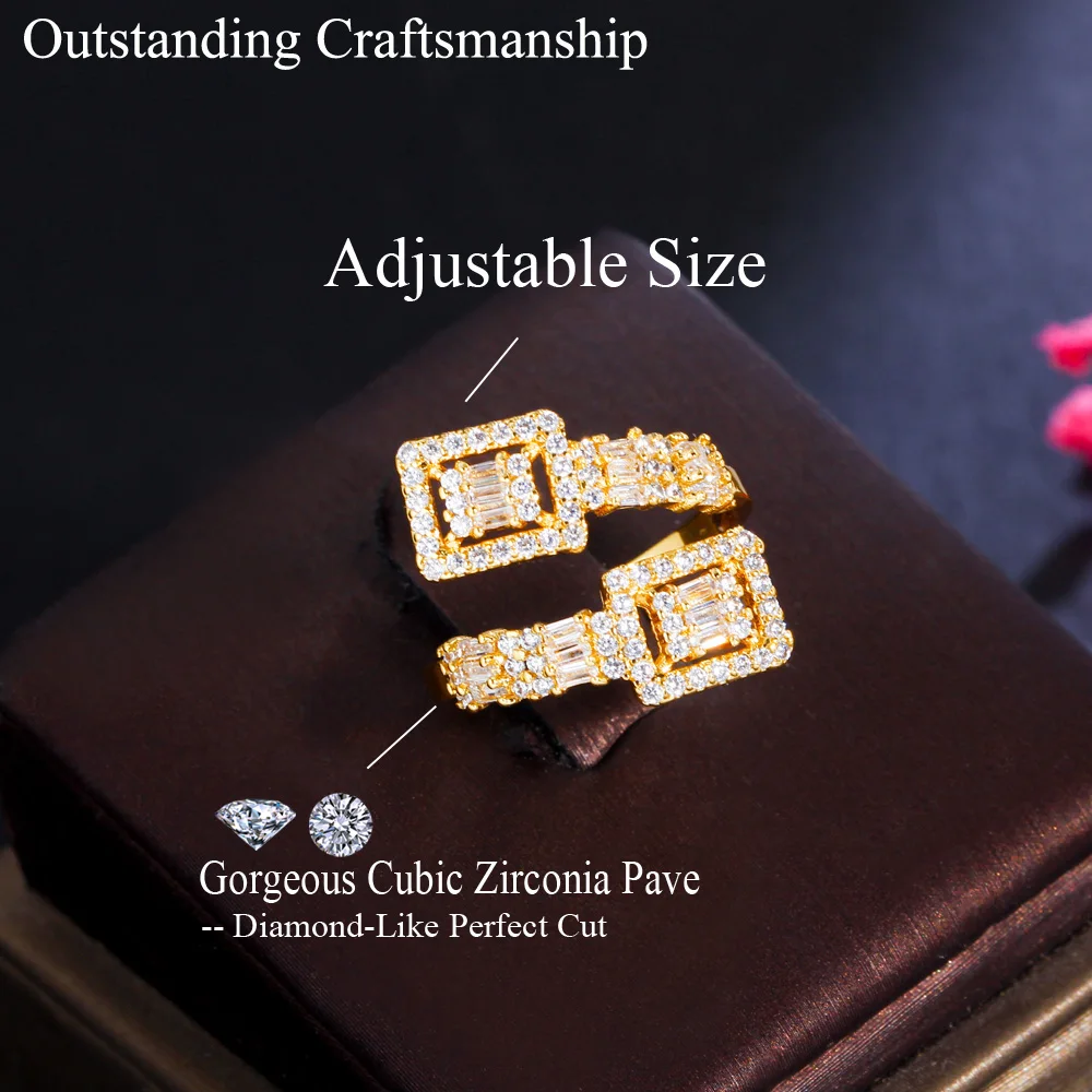 CWWZircons Chic Square Cubic Zirconia Paved Bright Geometric Adjustable Rings for Women Engagement Wedding Banquet Jewelry R216