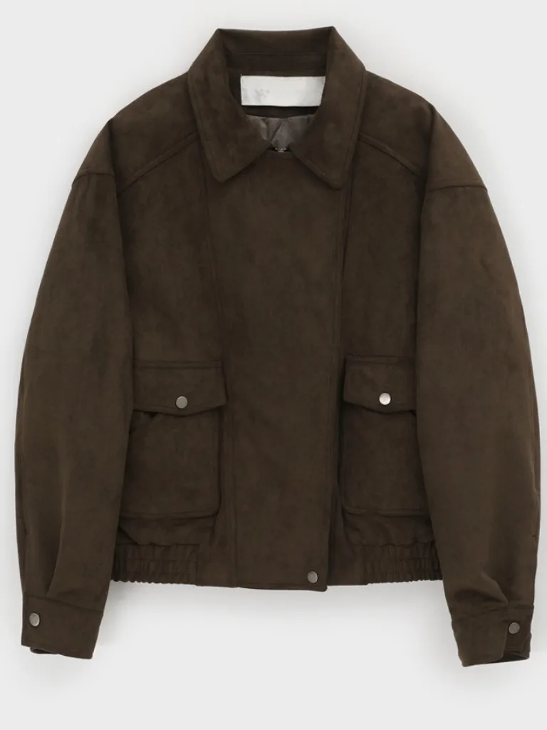 เสื้อโค้ทผ้าฝ้ายทรงหลวมสไตล์เรโทรสำหรับฤดูหนาว คอซิป แต่งหนังกลับ แขนยาว สีพื้น เรียบหรู เหมาะสำหรับใส่ไปทำงาน