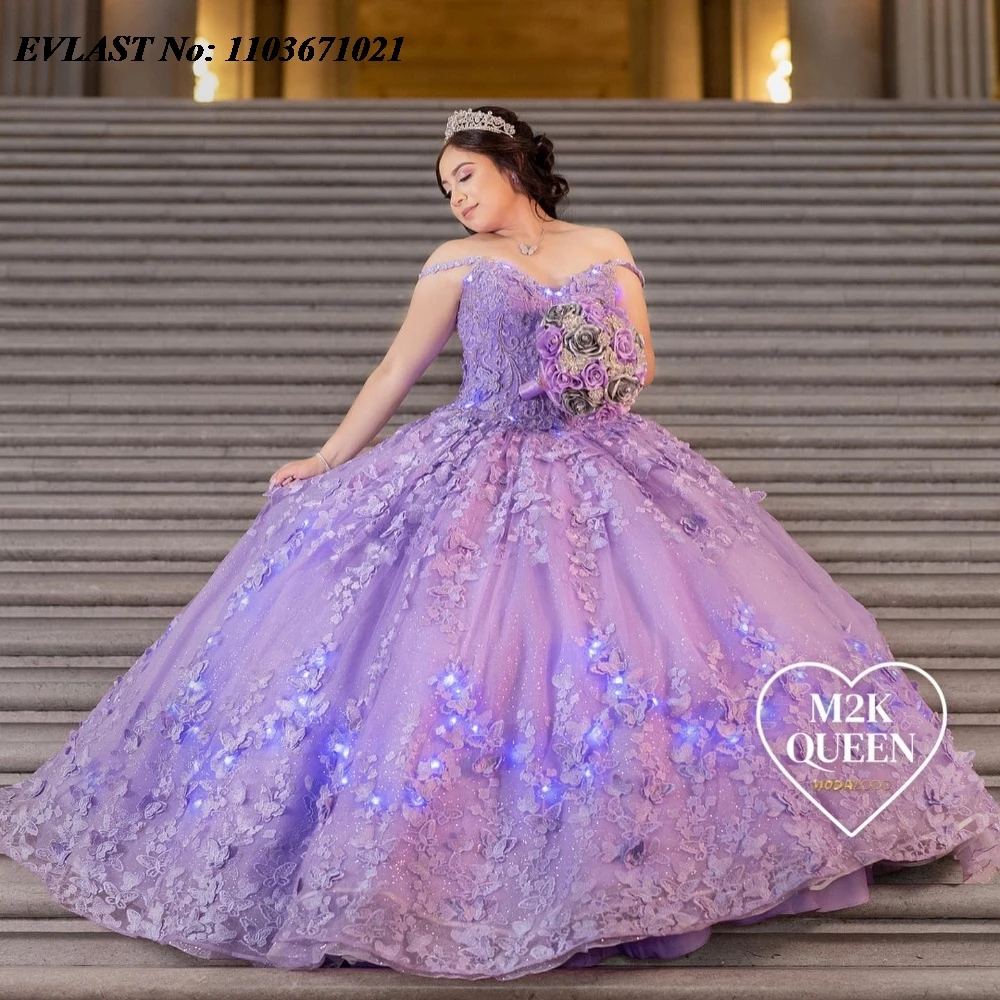 

EVLAST Customized Lilac Quinnceanera Dress Ball Gown 3D Floral Butterfly Applique Beaded Cape Sweet 16 Vestidos De 15 Anos SQ456