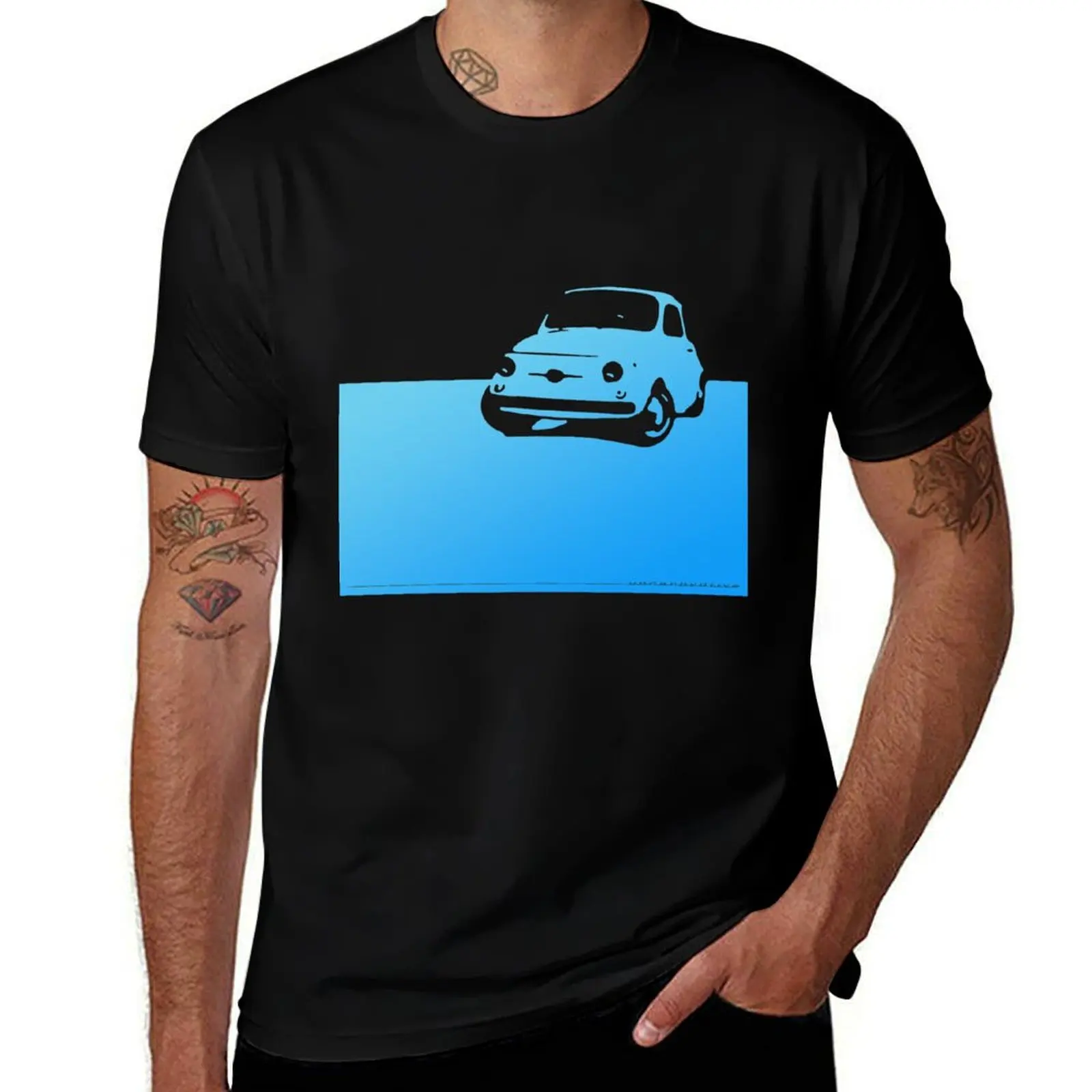 Fiat 500, 1959 - Light blue on black T-Shirt vintage t shirts plus size tops summer tops man clothes men t shirts