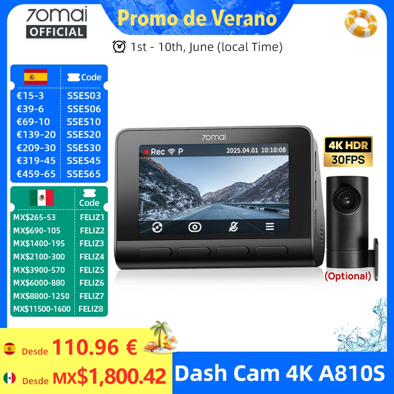 Cámara para Auto 70mai Dash Cam 4K A810S HDR IMX678 con Supercondensador, 4G LTE, Control Remoto, Wi-Fi 6, Control por Voz, GPS, ADAS