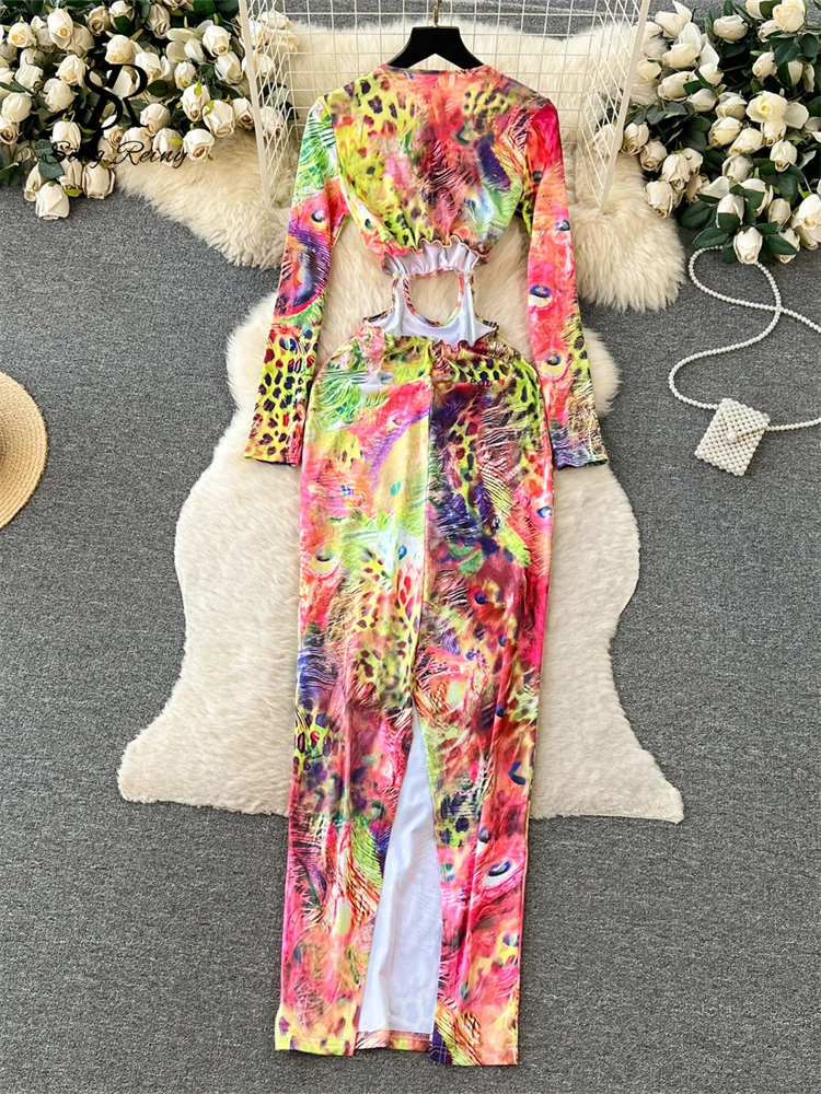 SINGREINY Vacation Print Dress Long Sleeves Hollow Out Bare Waist Slim Split Women Summer Fashion Sexy Beach Style Bodycon Dress