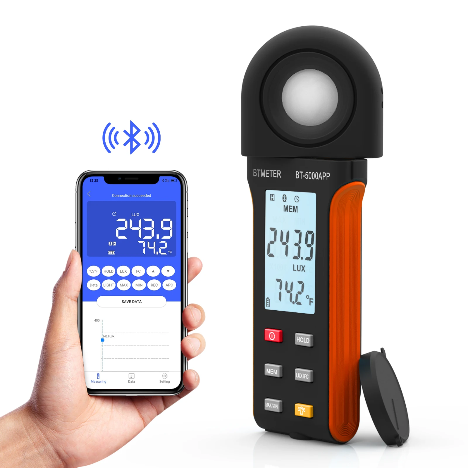 

Handheld Digital Light Meter with Bluetooth APP Function 5000APP, Range Up to 0.01-400,000 Lux, 270° Rotate Sensor Head, BTMETER