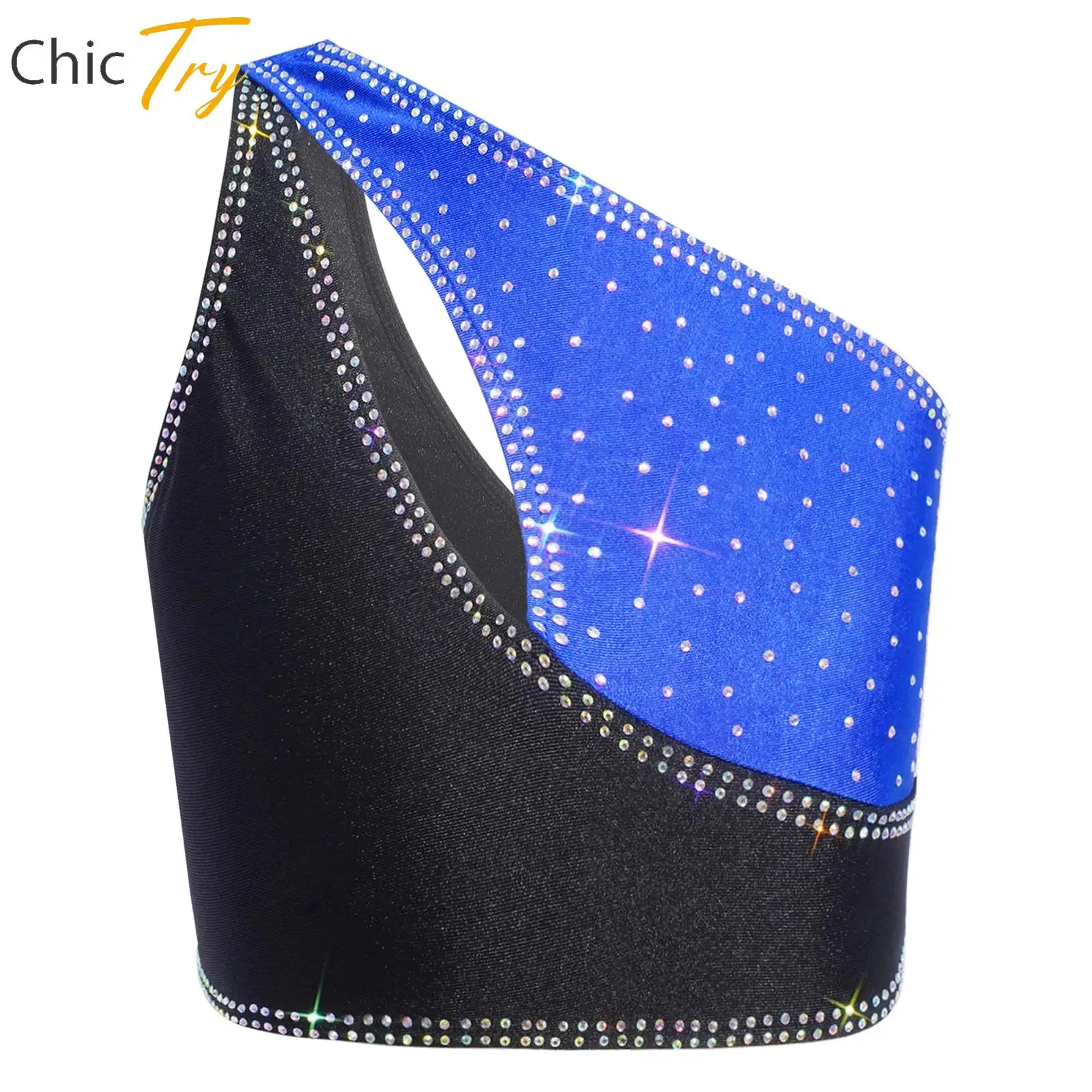 

Child Girls Rhythmic Gymnastics Figure Skating Ballet Dance Costume One Shoulder Keyhole Sparkly Rhinestones Crop Top Dancewear