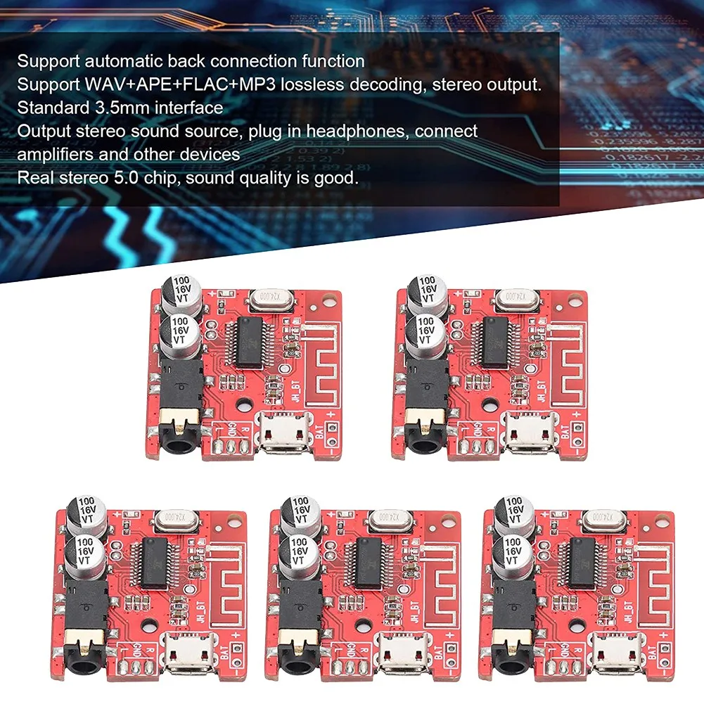 5PCS DIY Bluetooth 5.0 บอร์ด Lossless ถอดรหัสสเตอริโอไร้สายโมดูลเพลง,ลําโพงเครื่องขยายเสียงโมดูล