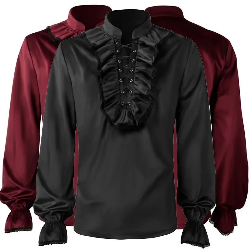 2026 Red Velvet Pleated Shirts For Men,Black Medieval Costume, Steampunk Victorian-Style Lace-Up Men's Pullover/Camisa,Inner Top
