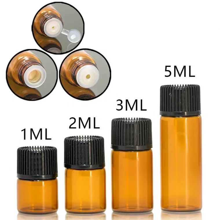 100/200pcs 1ml/2ml/3ml/5ml Empty Essential Oil Bottles Perfume Oil Bottles Sample Test Bottles Amber Glass Essential Oil (Holes)