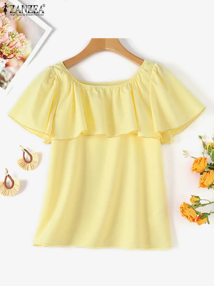 ZANZEA Women Ruffled Stitching Blouse 2024 Summer Short Sleeve Shirts Fashion Holiday Elastic O-neck Tops Chic Casual Loose Tops