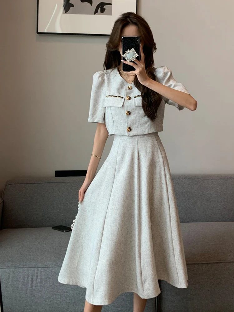 Small Fragrant Fashion New Summer Korean Sweet Elegant 2 Piece-Set Women Coat Top Midi Skirt Suits Womens Two Clothing Sets
