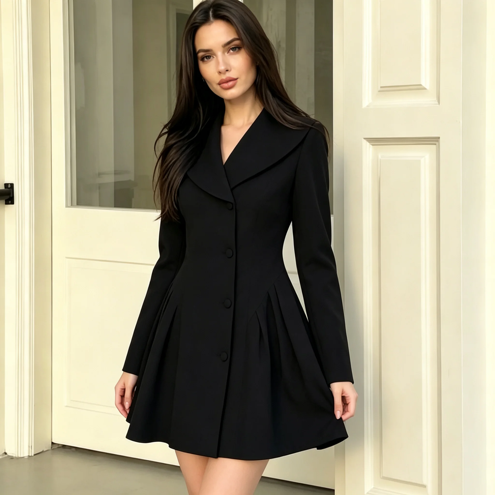 RU Women Wide Notched Lapel Single Breasted Pleated Flared Blazer Dress Long Sleeve Slim Autumn Winter Office Party Look