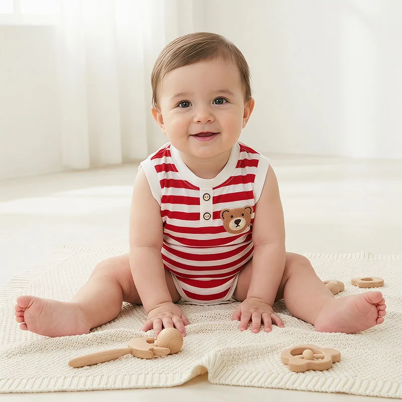 Baby Summer Bodysuit 0-2T Cute Bear Thin Infant Sleeveless Jumpsuit 4 Colors Stripe Boys Clothes Ventilate Toddler One Piece