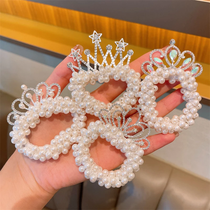 Children's Headband Pearl Hair Ties For Girl Hair Rope Cute Princess Rhinestone Crown Rubber Band Headwear Hair Accessories