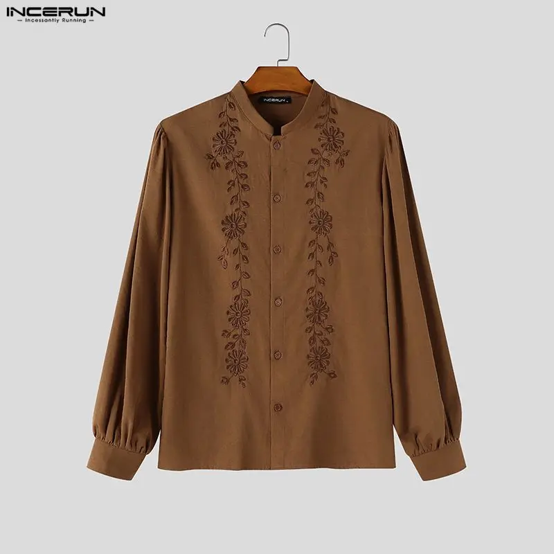 INCERUN Men's Shirt Floral Embroidery Stand Collar Long Sleeve Casual Men Clothes Streetwear Loose Vintage Tops For Man Camisas