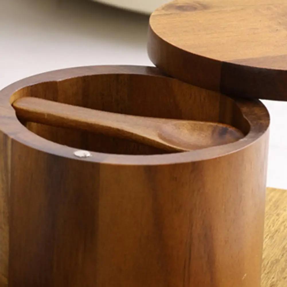 Acacia Wood Salt Pepper Bowl 2-layer Salt Pepper Bowl with Magnetic Swivel Lid Acacia Wood Seasoning Storage Box Dustproof Salt
