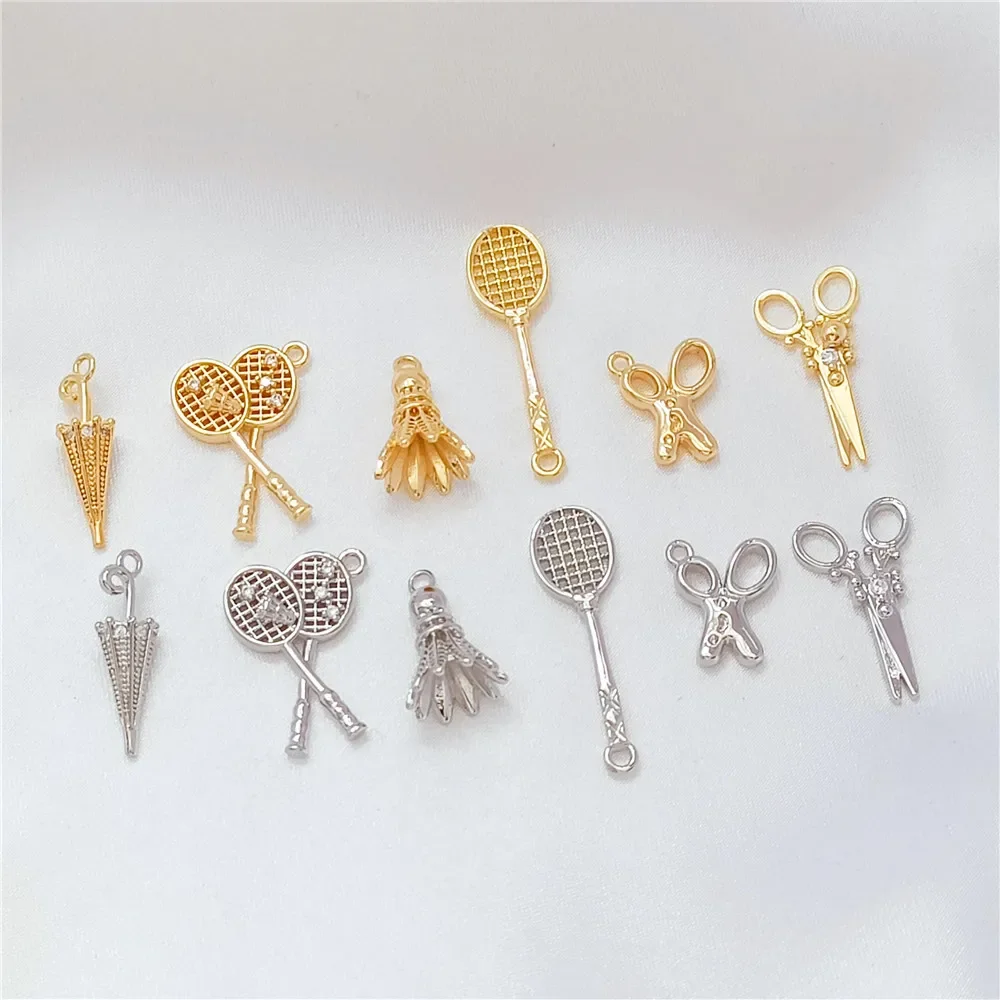 

14k Gold-plated and Zircon Inlaid Badminton Scissors Umbrella Pendant, Diy Handmade Bracelet Necklace Accessory Small Pendant