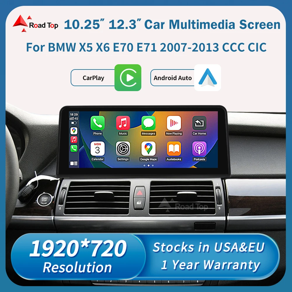 

Road Top 1920*720 Linux Screen Wireless Apple Carplay Android Auto Multimedia Display For BMW X5 X6 E70 E71 2007-2013 CCC CIC