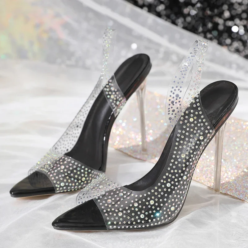 Eilyken Sexy CRYSTAL PVC Transparent Peep Toe Women Pumps Thin High Heels Slip-On Shoes Elegant Banquet Stripper Sandals