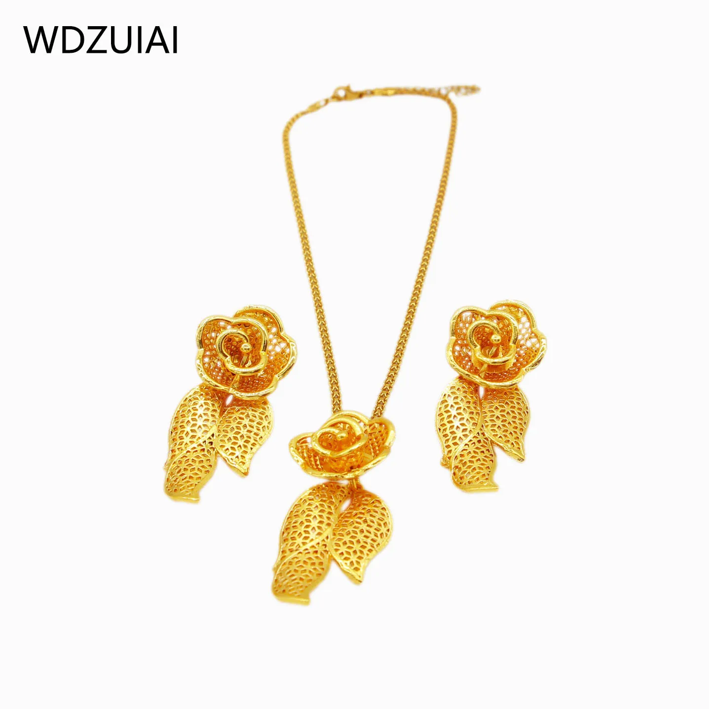 WDZUIAI 24K Flower Dubai Gold Color Pendent Necklace&Earrings Set Wedding Luxury Jewelry African French Women Girl Party Jewelry