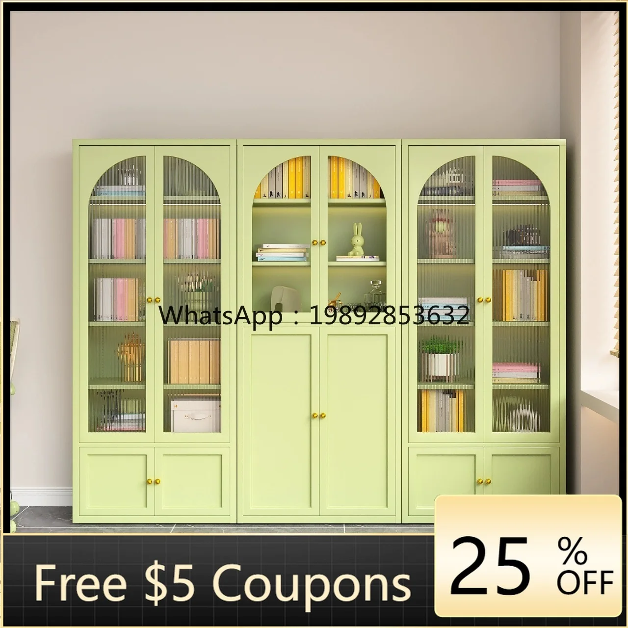 

Steel Bookcase Living Room Floor Bookshelf with Doors Dustproof Glass Display Cabinet Gap Storage Cabinet