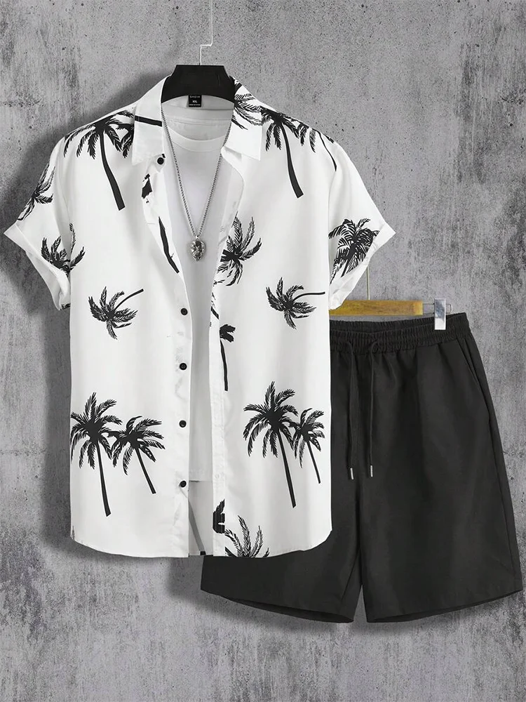 Hawaii Coconut Tree Print Men\'s Short-sleeved Shirt And Beach Shorts Set Summer Everyday Men\'s Casual Shirt And Beach Pants