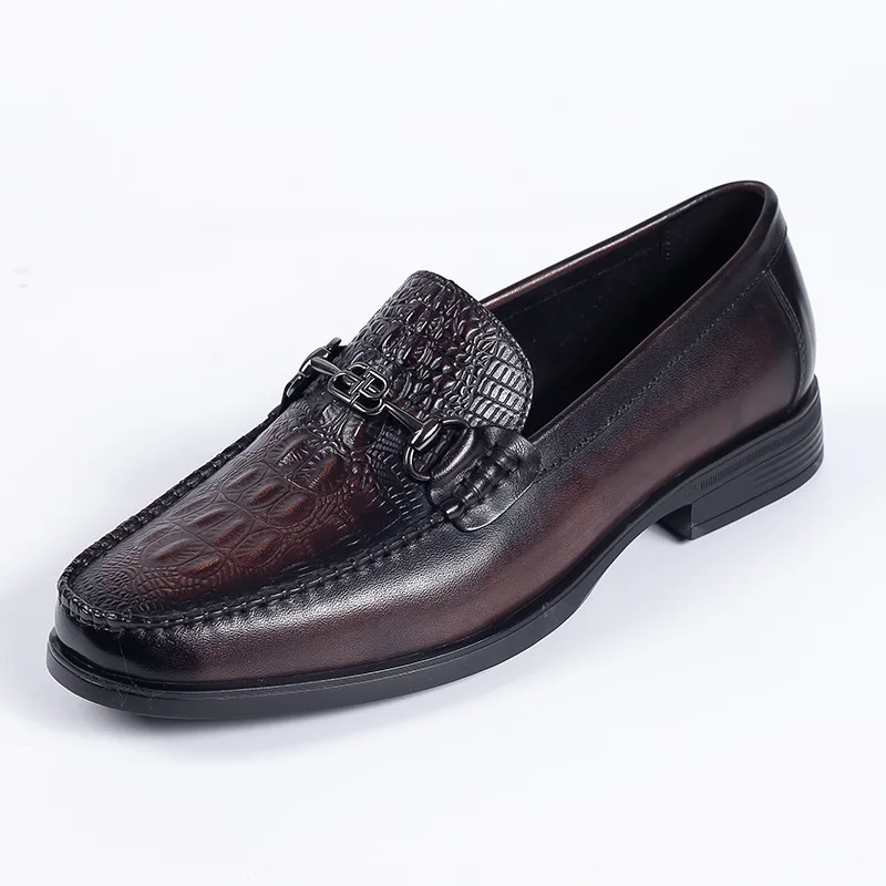 High Quality Men Formal Slip On Dress Loafers Crocodile Design Genuine Leather Business Shoes For Men Metal Decorated Shoes