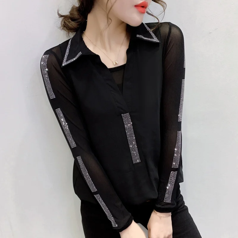 

Autumn Faion 2024 Women's Slim Fit Long Sve Bla Chiffon irt Design Sense Fake Two-Piece Ne Me Splice Korean...