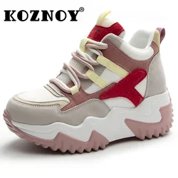 Koznoy 6.5cm siatka powietrzna krowa prawdziwa skóra masywne tenisówki jesienna wiosna Rhinestone moda na koturnie damskie buty na platformie w różnych kolorach